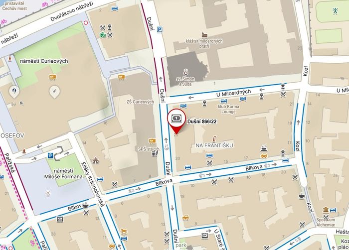 Mapa s vyznačením cesty do kanceláře, otevře navigaci na Mapy.cz